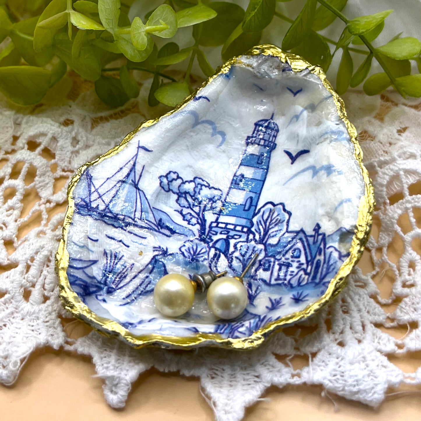 Gilded Blue Lighthouse and Sailboat Toile Oyster Shell Ring Dish and Tray