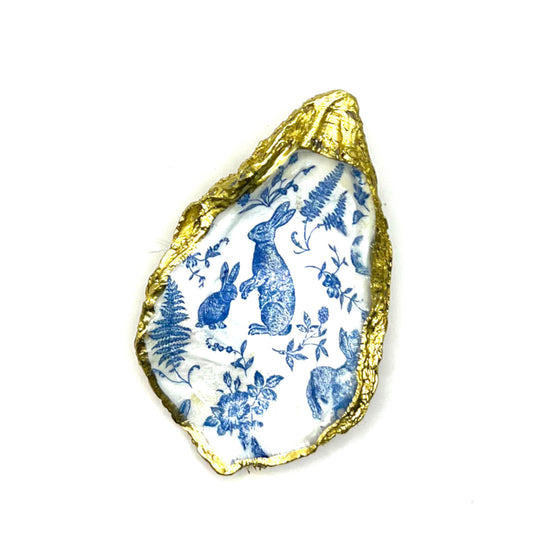 Gilded Blue Rabbit Toile Oyster Shell Ring Dish and Tray