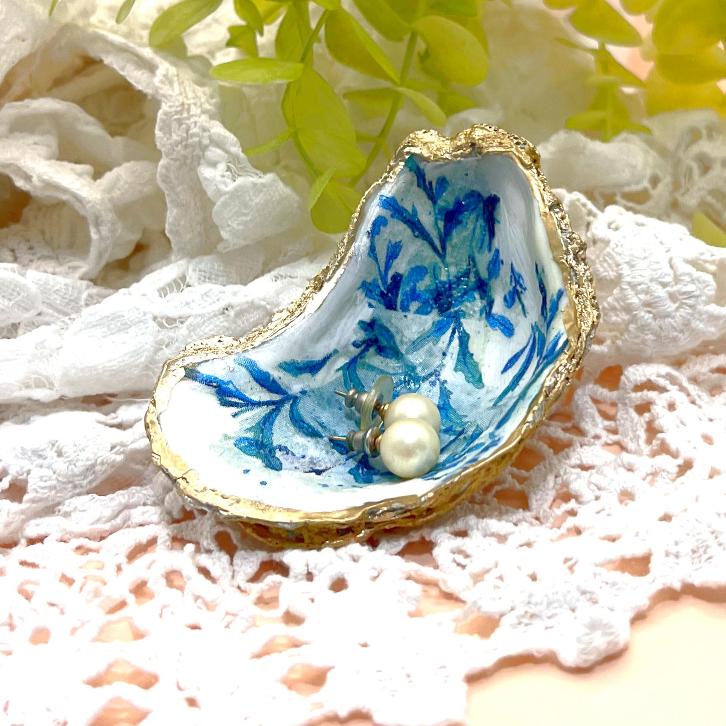 Gilded Blue Vines Oyster Shell Ring Dish and Tray