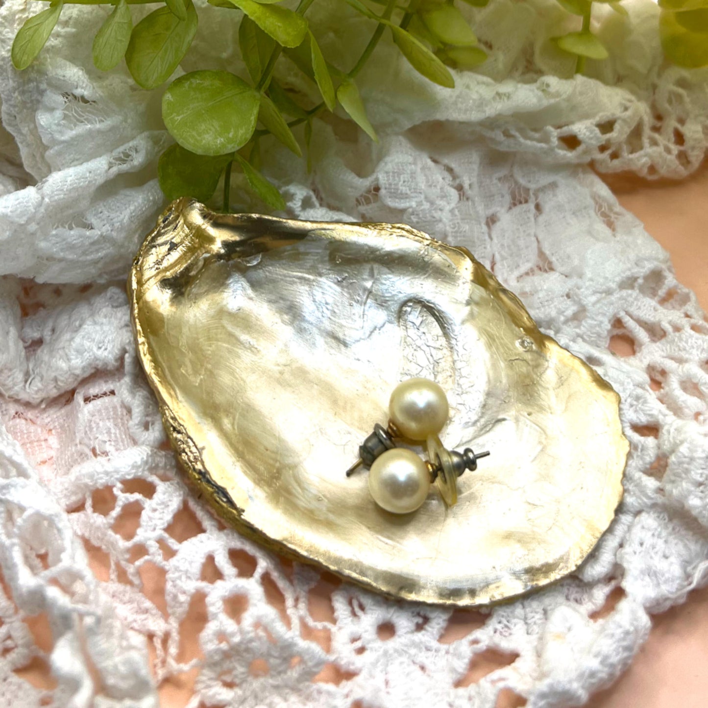 Gilded Golden Oyster Shell Ring Dish and Tray