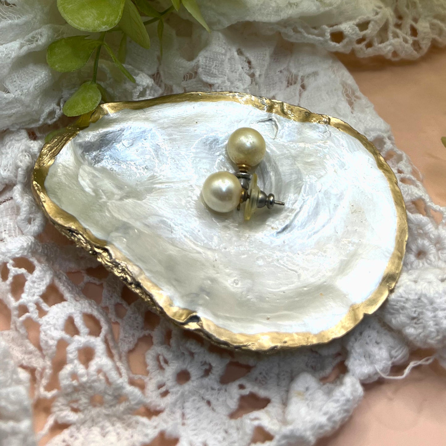 Gilded Pearlized Oyster Shell Ring Dish and Tray