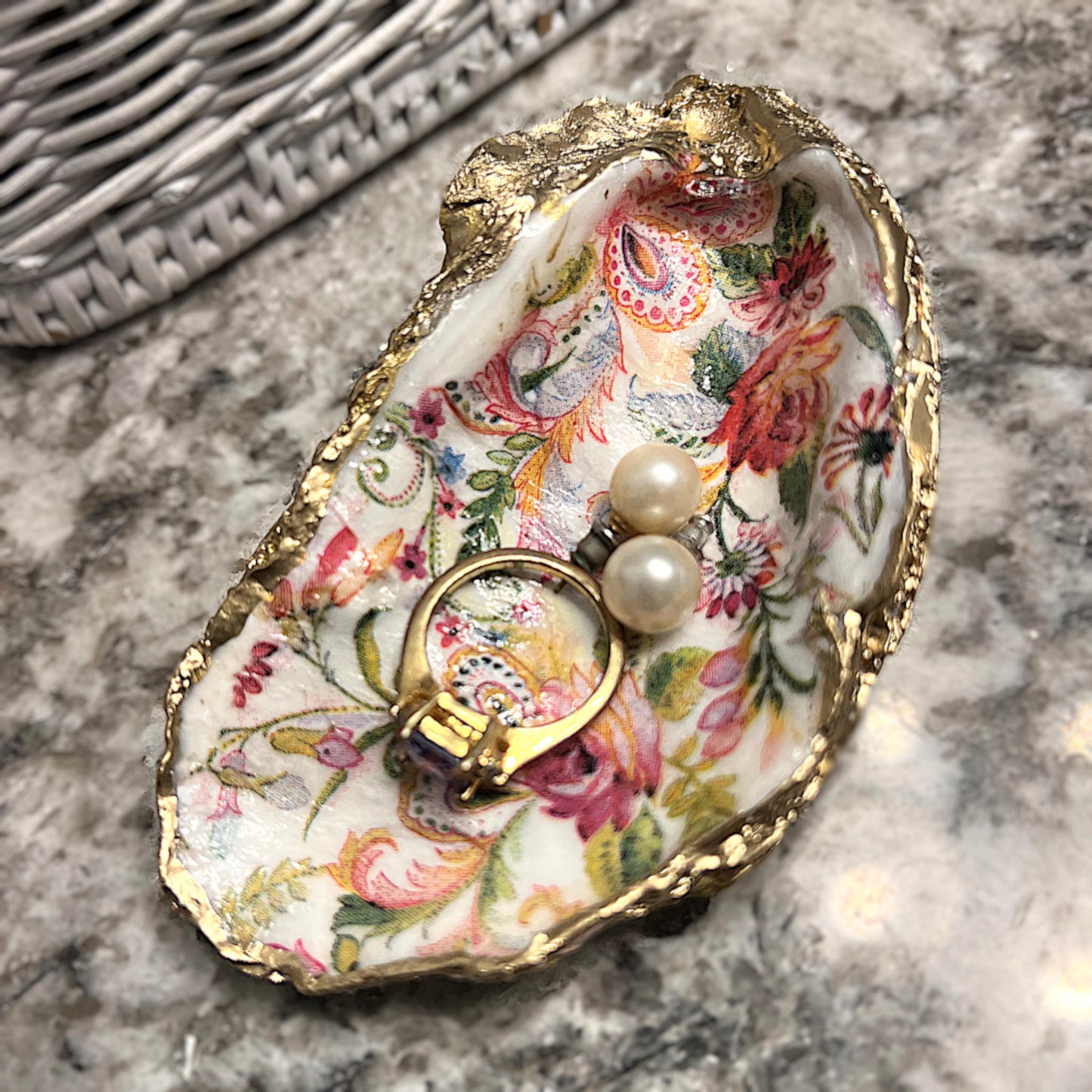 Gilded Floral Oyster Shell Ring Dish and Tray