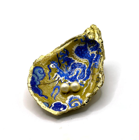 Gilded Blue Dragon Oyster Shell Ring Dish and Tray