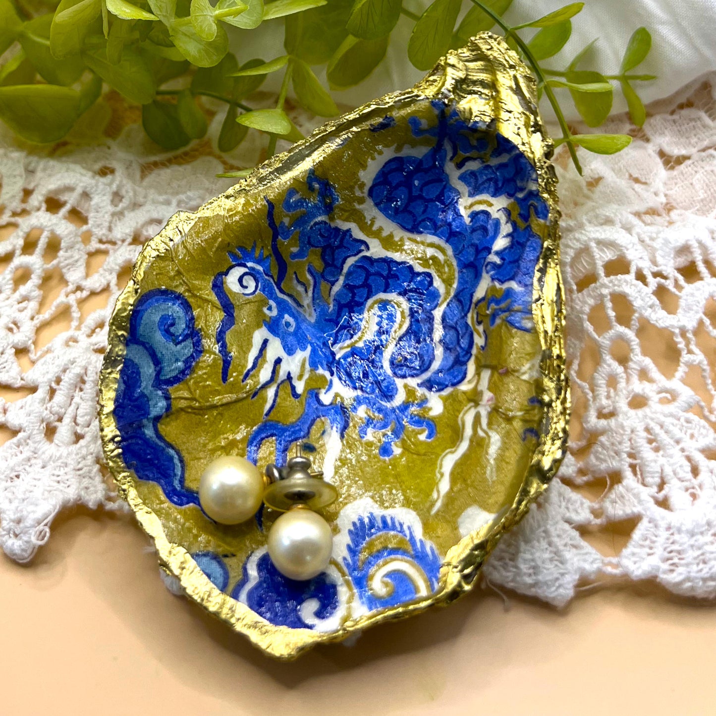 Gilded Blue Dragon Oyster Shell Ring Dish and Tray