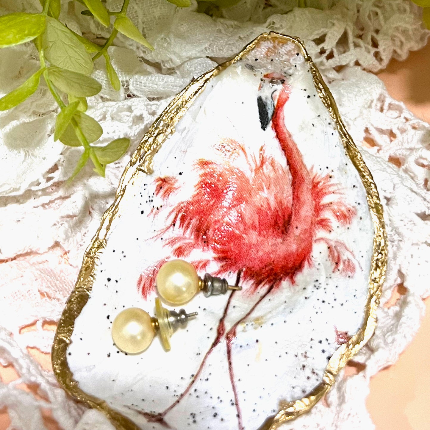 Gilded Flamingo Oyster Shell Ring Dish and Tray