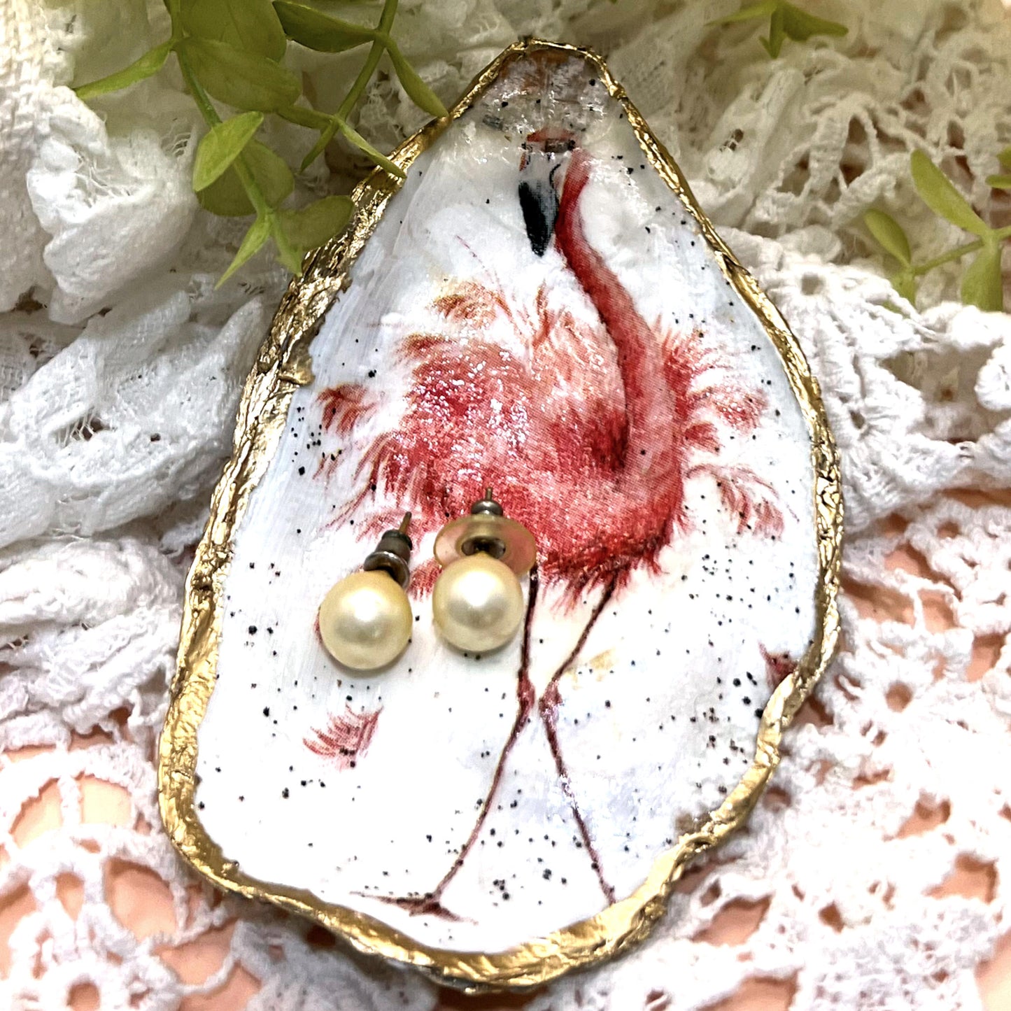 Gilded Flamingo Oyster Shell Ring Dish and Tray