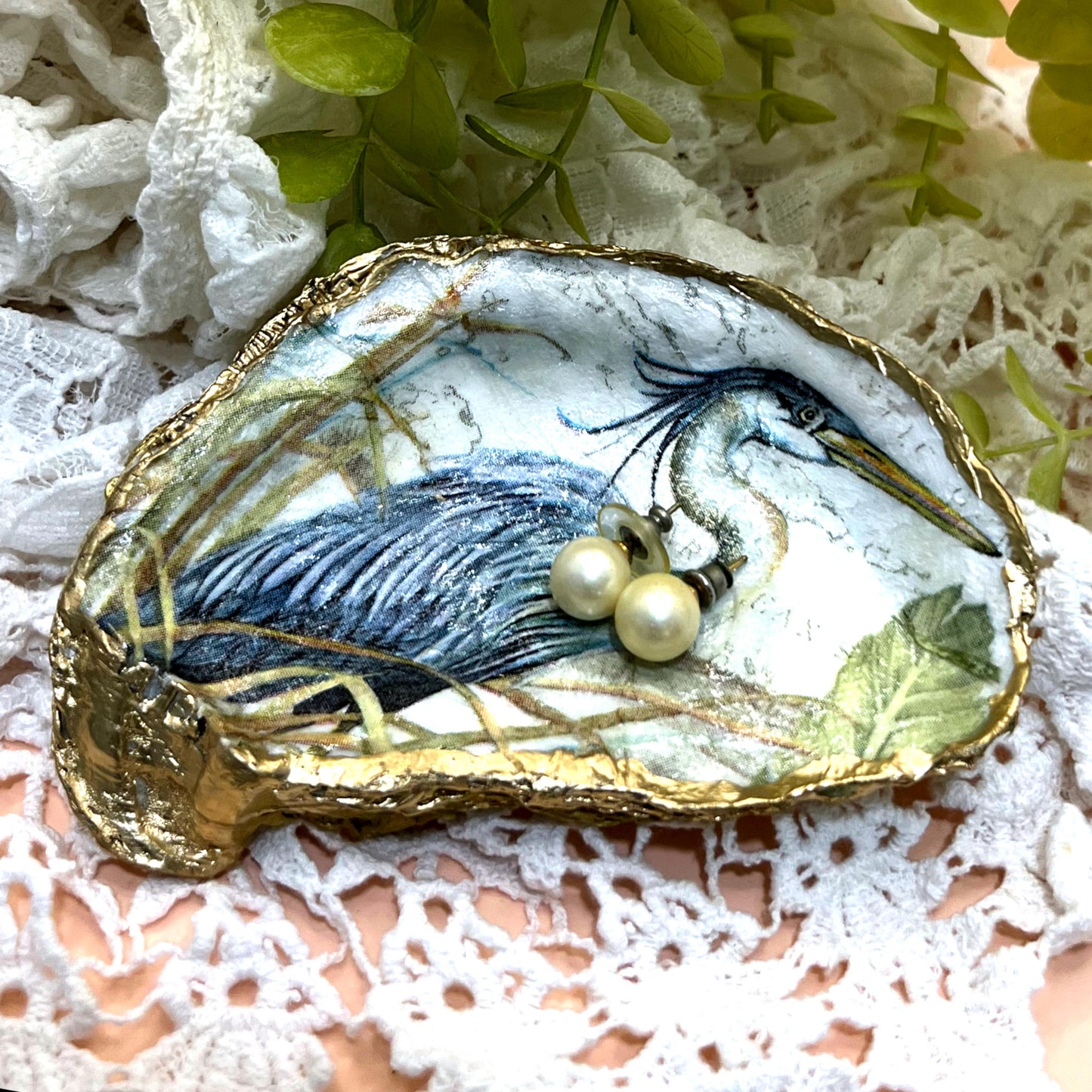 Gilded Great Blue Heron Oyster Shell Ring Dish and Tray