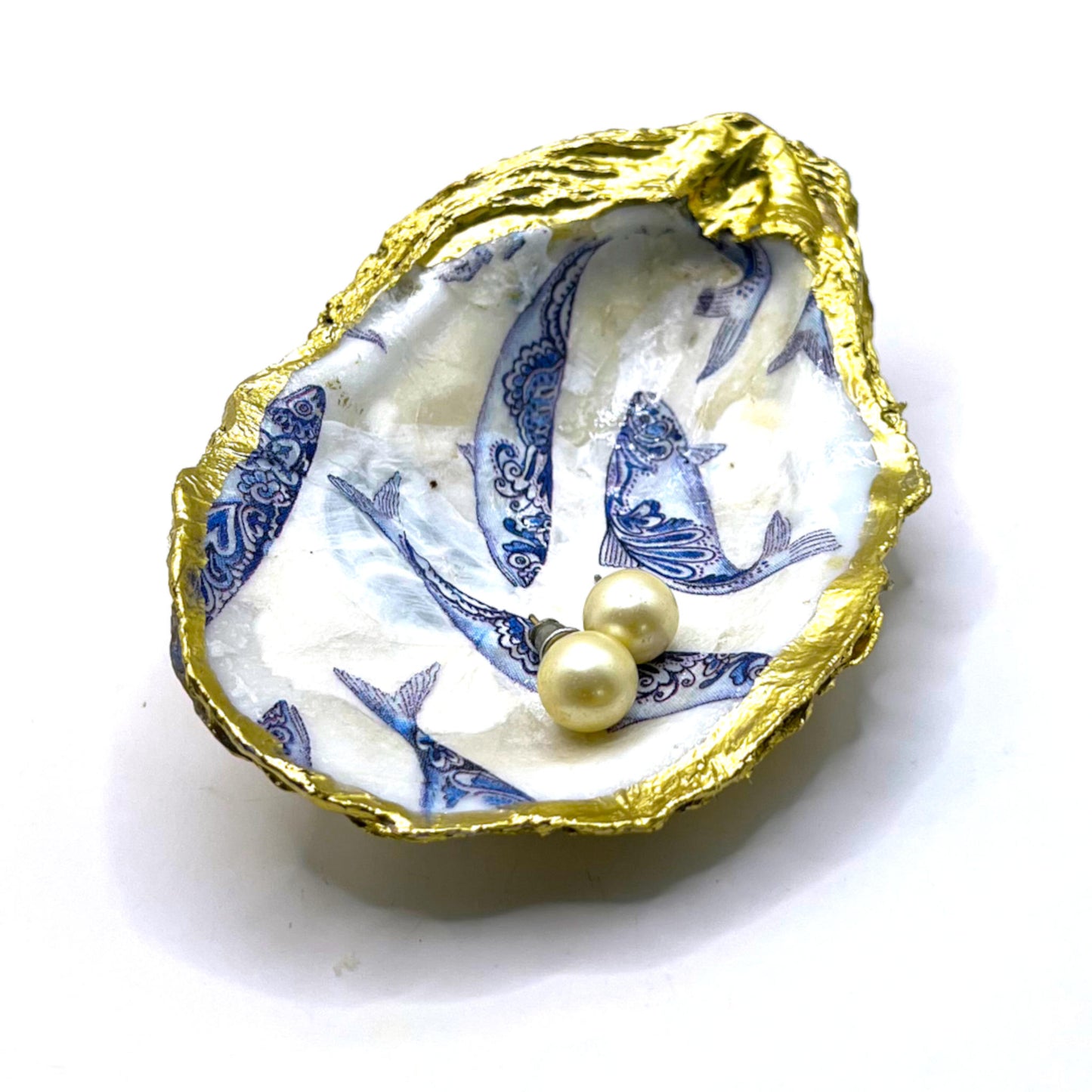 Gilded Blue Fish Oyster Shell Ring Dish and Tray