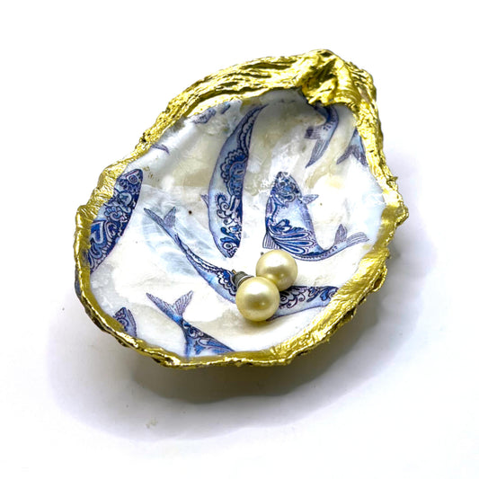 Gilded Blue Fish Oyster Shell Ring Dish and Tray