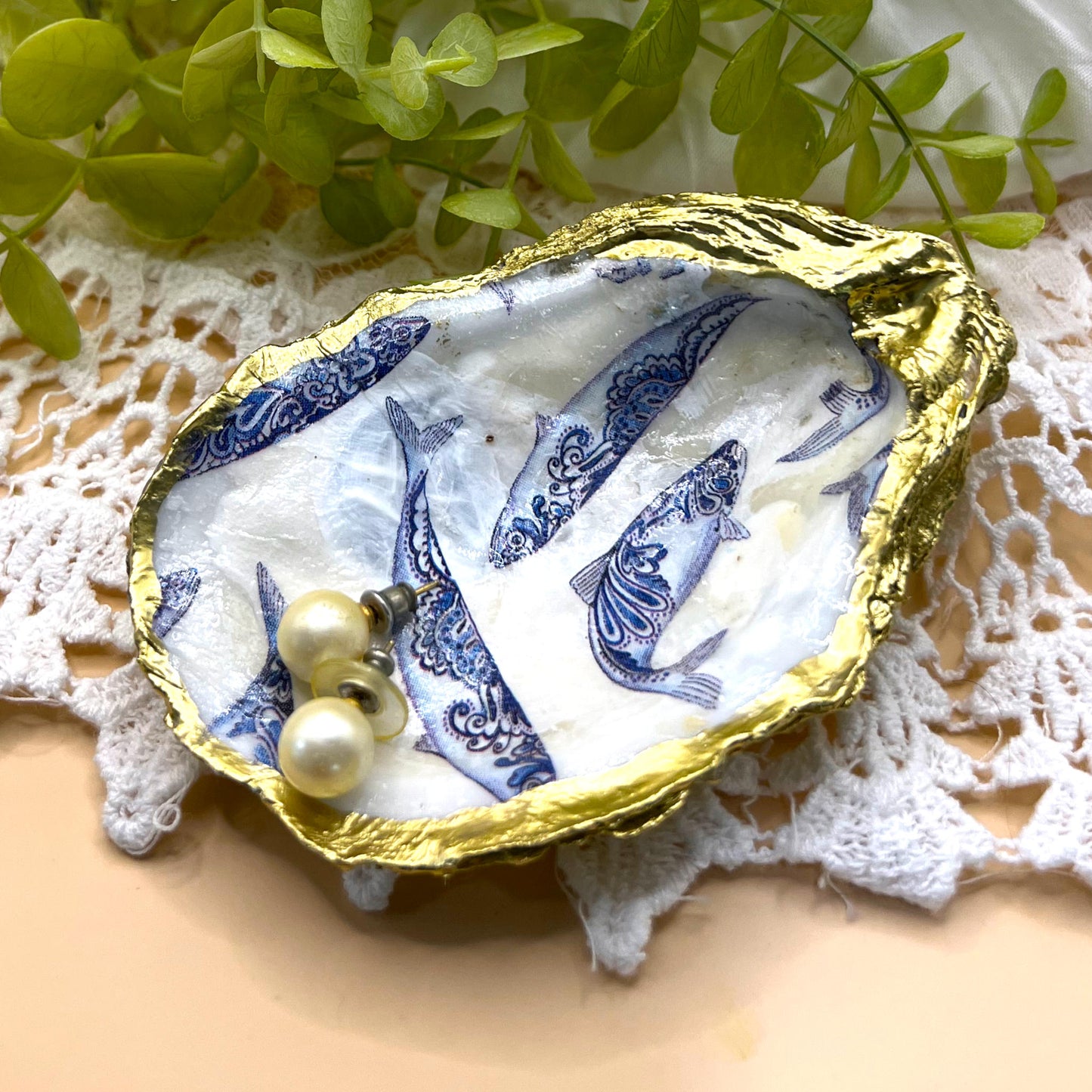 Gilded Blue Fish Oyster Shell Ring Dish and Tray