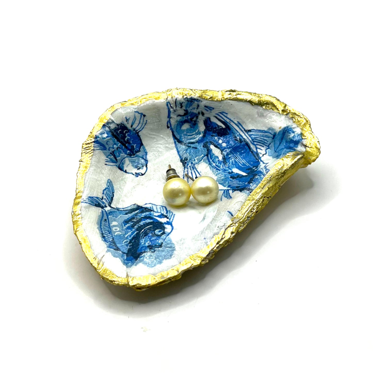 Gilded Large Blue Fish Oyster Shell Ring Dish and Tray