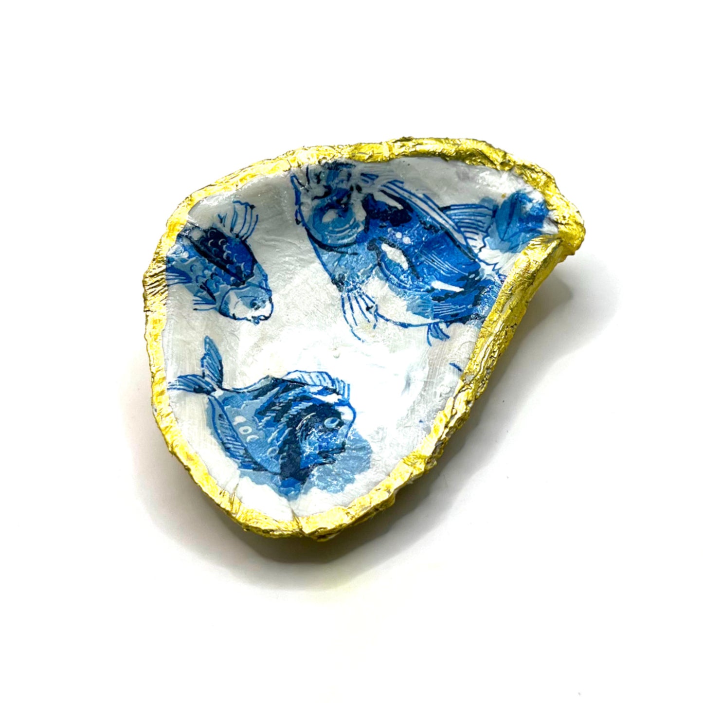 Gilded Large Blue Fish Oyster Shell Ring Dish and Tray