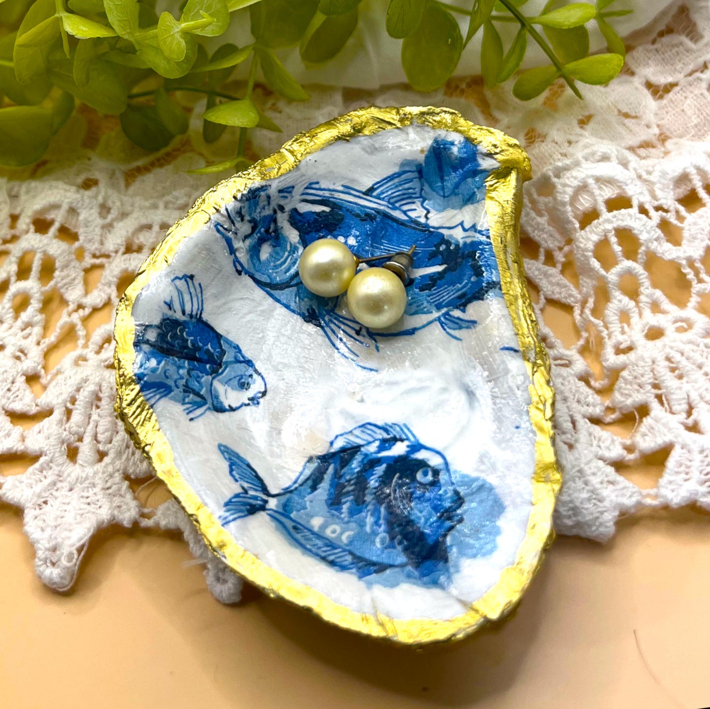 Gilded Large Blue Fish Oyster Shell Ring Dish and Tray