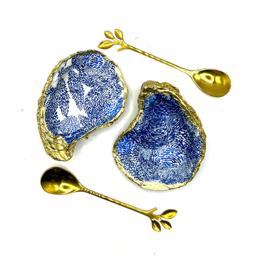 Gilded Blue Abstract Flowers Oyster Shell Salt and Pepper Cellars