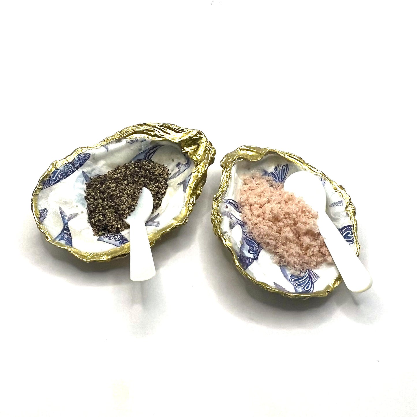 Gilded Blue Fish Oyster Shell Salt and Pepper Cellars