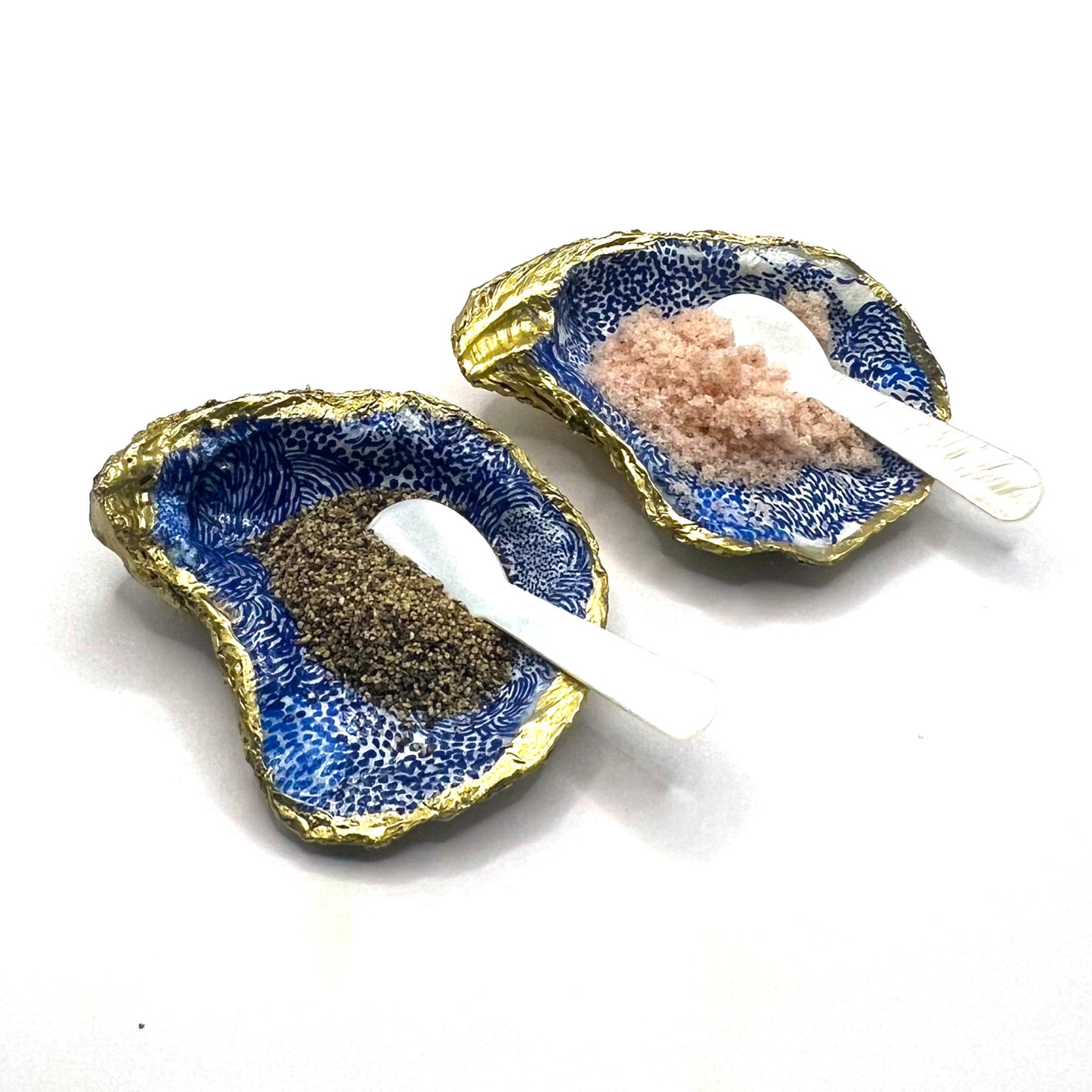 Gilded Blue Abstract Flowers Oyster Shell Salt and Pepper Cellars