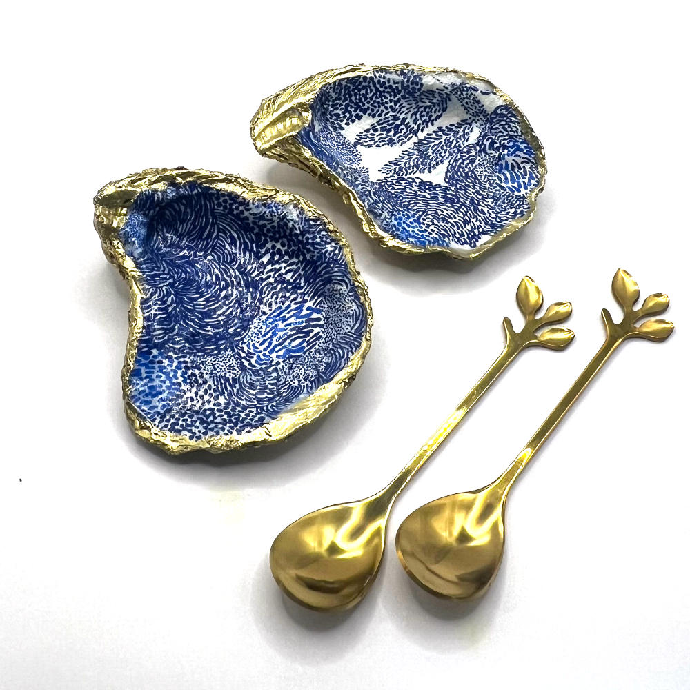 Gilded Blue Abstract Flowers Oyster Shell Salt and Pepper Cellars