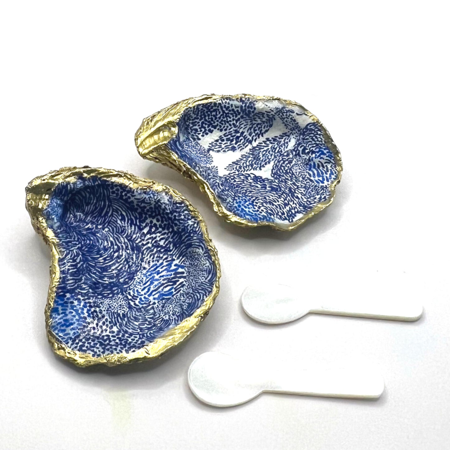 Gilded Blue Abstract Flowers Oyster Shell Salt and Pepper Cellars