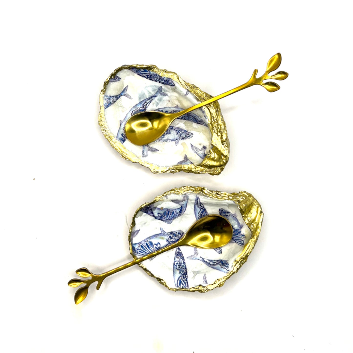 Gilded Blue Fish Oyster Shell Salt and Pepper Cellars