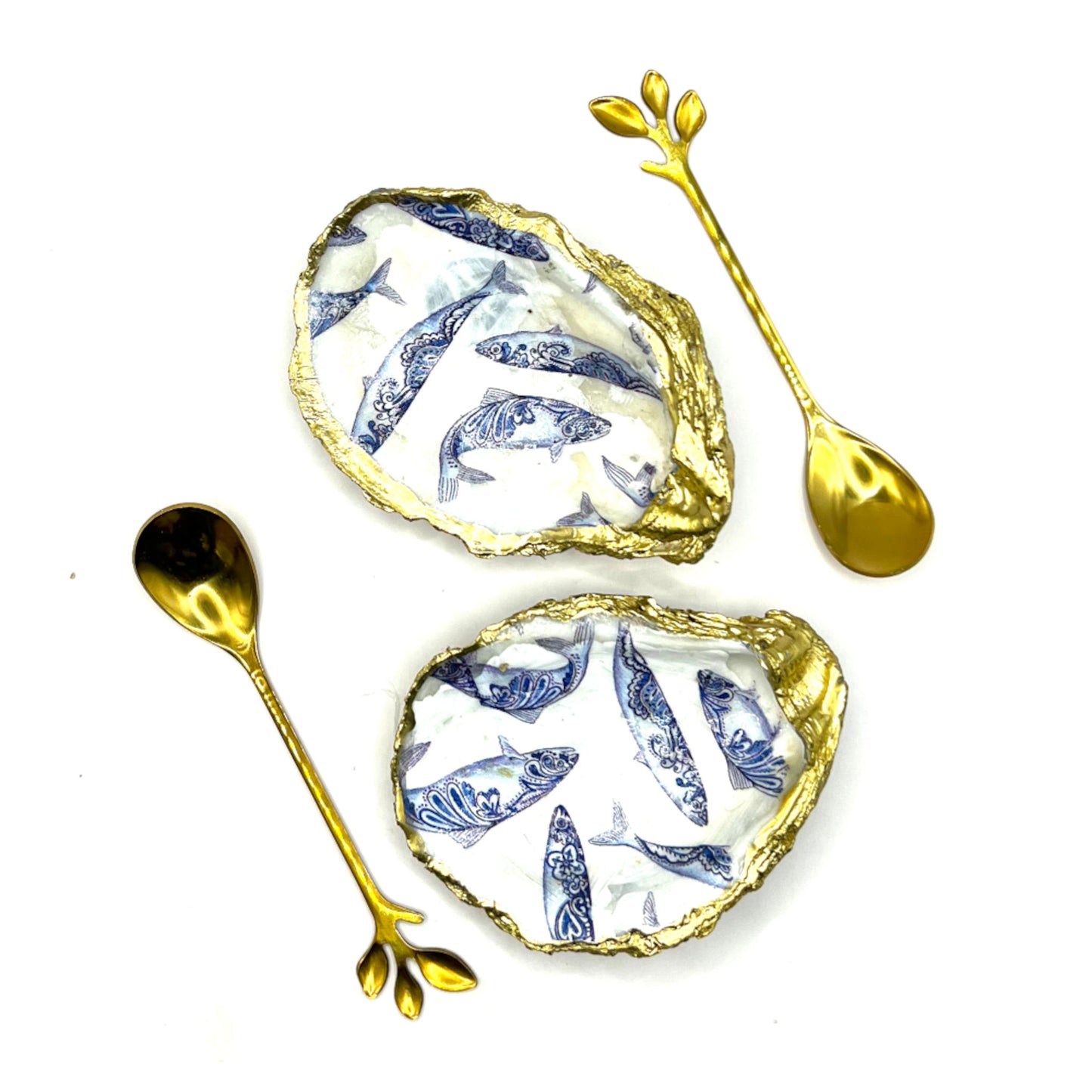 Gilded Blue Fish Oyster Shell Salt and Pepper Cellars