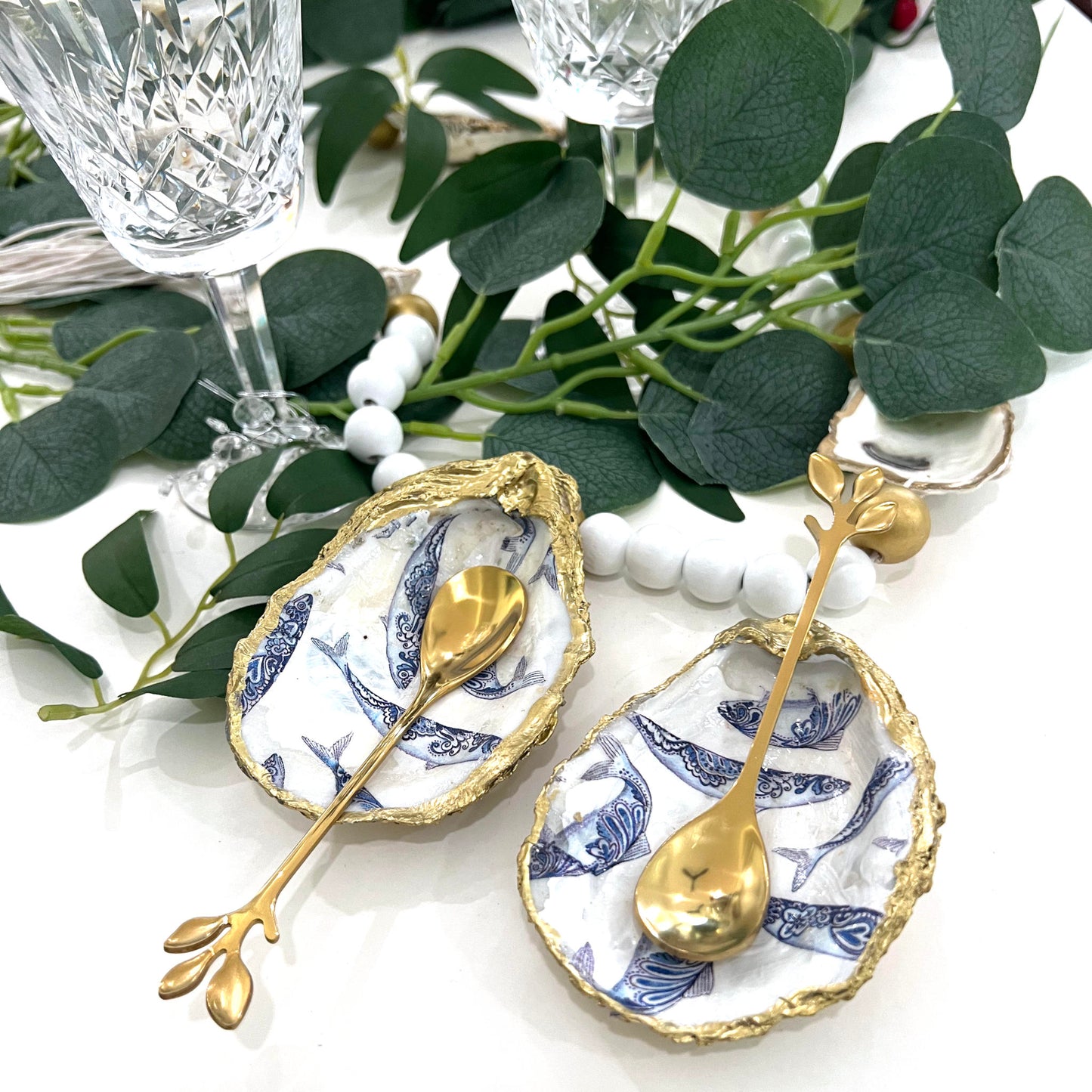 Gilded Blue Fish Oyster Shell Salt and Pepper Cellars