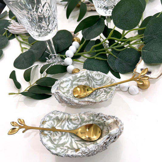 Pearlized and Sage Green Floral Oyster Shell Salt and Pepper Cellars