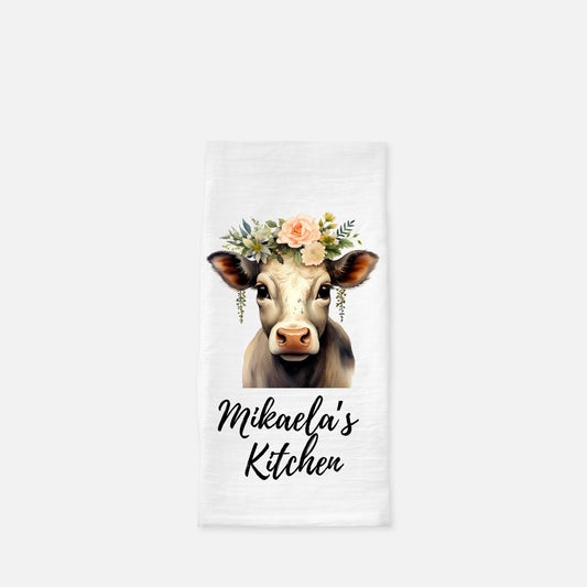 Watercolor Floral Cow Tea Towel, Dish, Kitchen Towel, Flour Sack Towel, Housewarming Gift, Wedding Gift Towel, Bar Towel