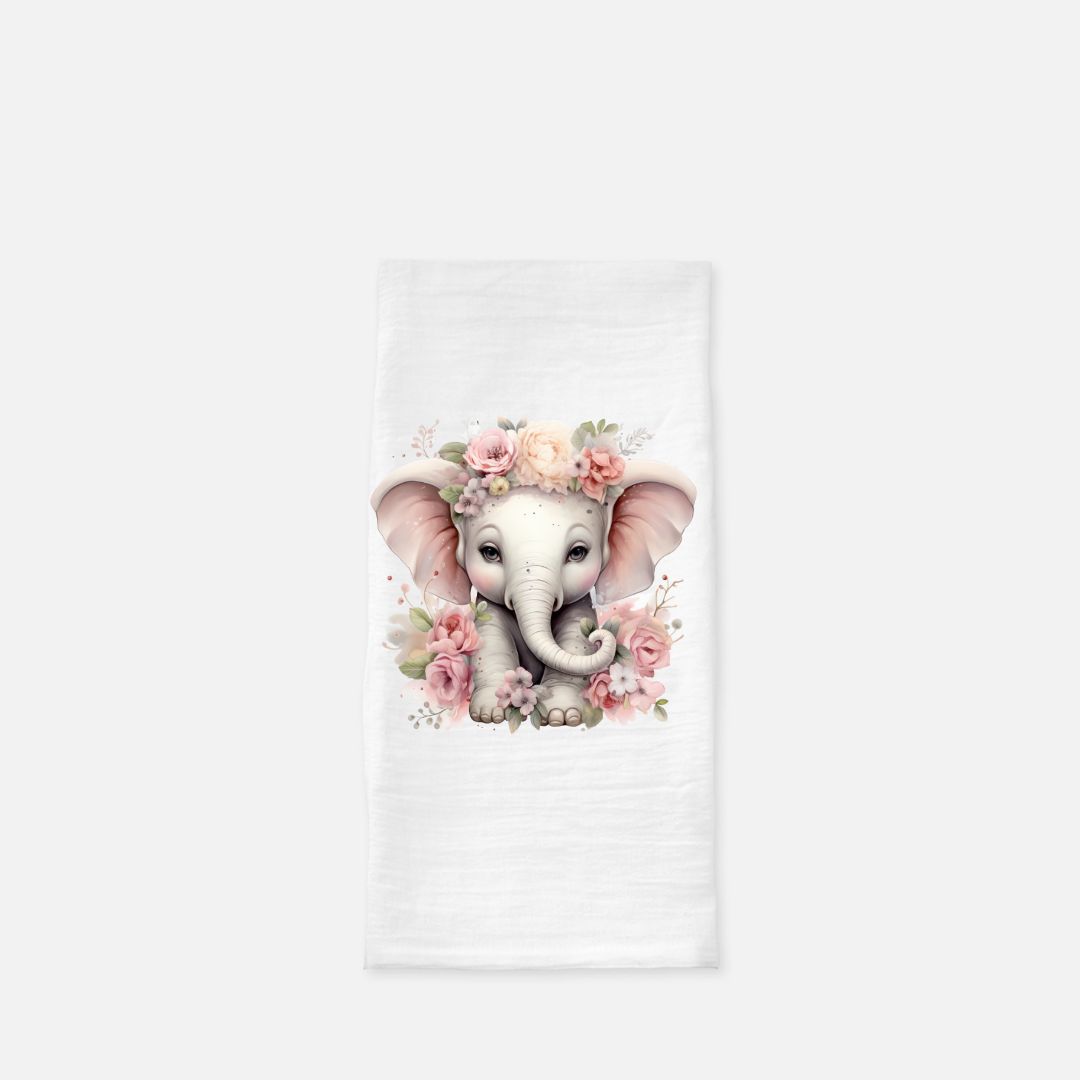 Watercolor Floral Baby Elephant Tea Towel, Dish, Kitchen Towel, Flour Sack Towel, Housewarming Gift, Wedding Gift Towel, Bar Towel