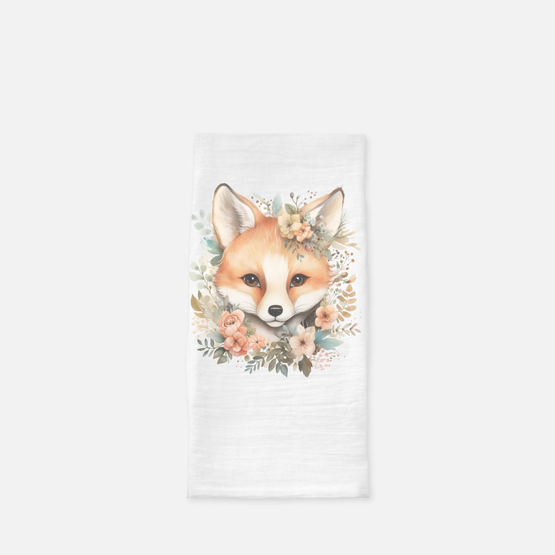 Watercolor Floral Baby Fox Tea Towel, Dish, Kitchen Towel, Flour Sack Towel, Housewarming Gift, Wedding Gift Towel, Bar Towel