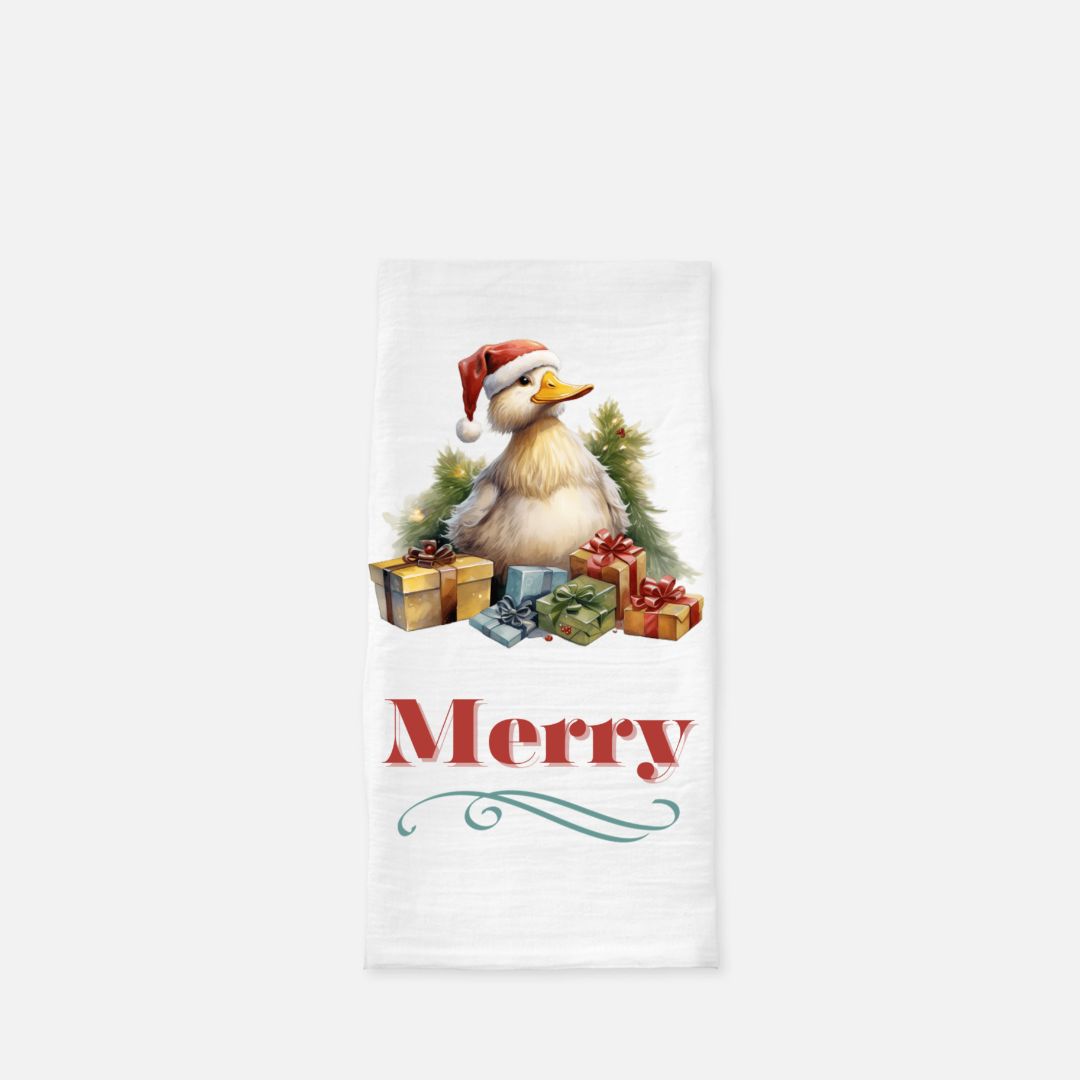 Merry Holiday Duckling Tea Towel, Dish, Kitchen Towel, Flour Sack Towel, Housewarming Gift, Wedding Gift Towel, Bar Towel