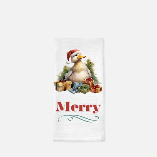 Merry Holiday Duckling Tea Towel, Dish, Kitchen Towel, Flour Sack Towel, Housewarming Gift, Wedding Gift Towel, Bar Towel