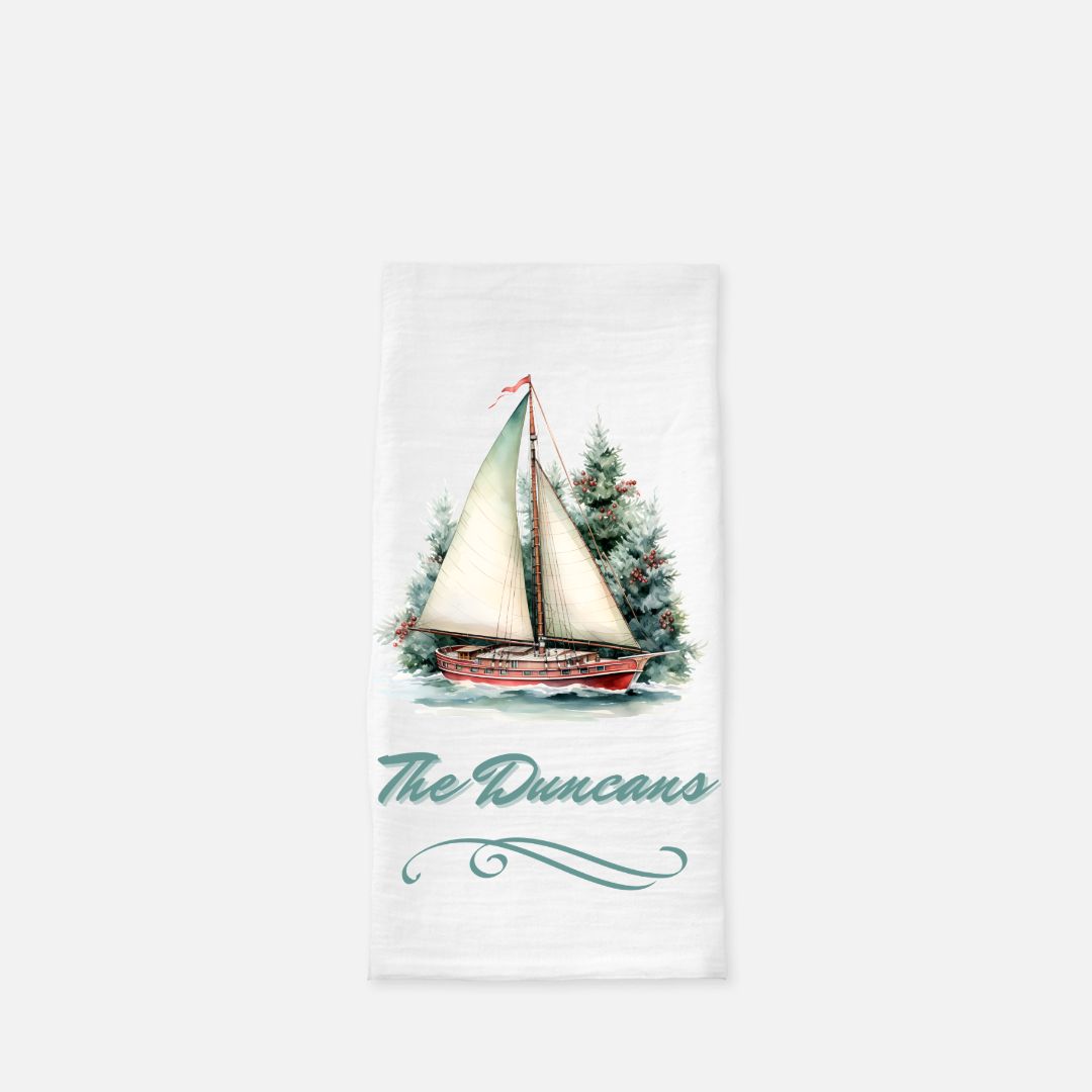 Personalized Boat Sailing Tea Towel, Dish, Kitchen Towel, Flour Sack Towel, Gift, Wedding Gift Towel, Bar Towel