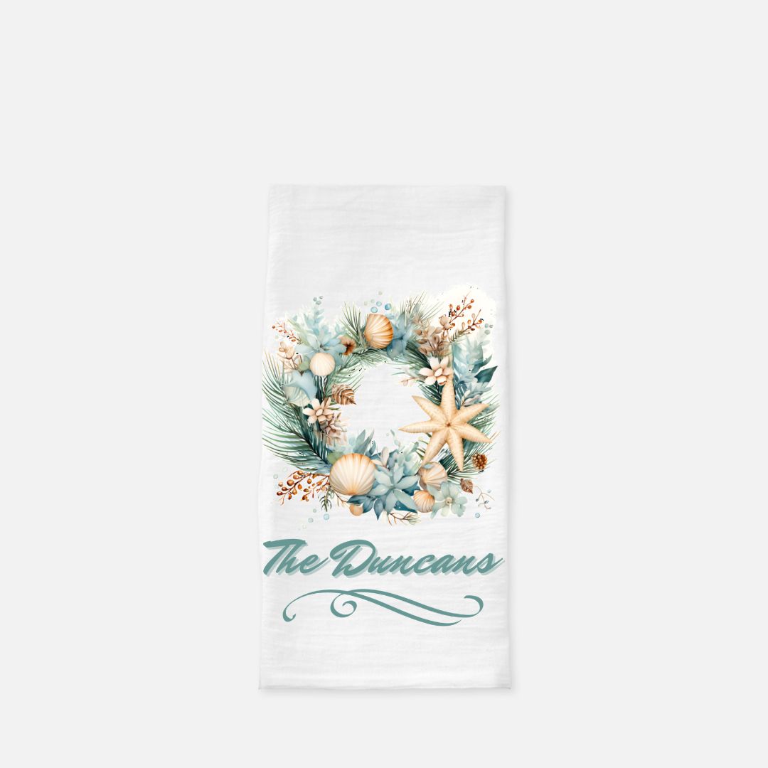 Personalized Seashell Wreath 2 Tea Towel, Dish, Kitchen Towel, Flour Sack Towel, Gift, Wedding Gift Towel, Bar Towel