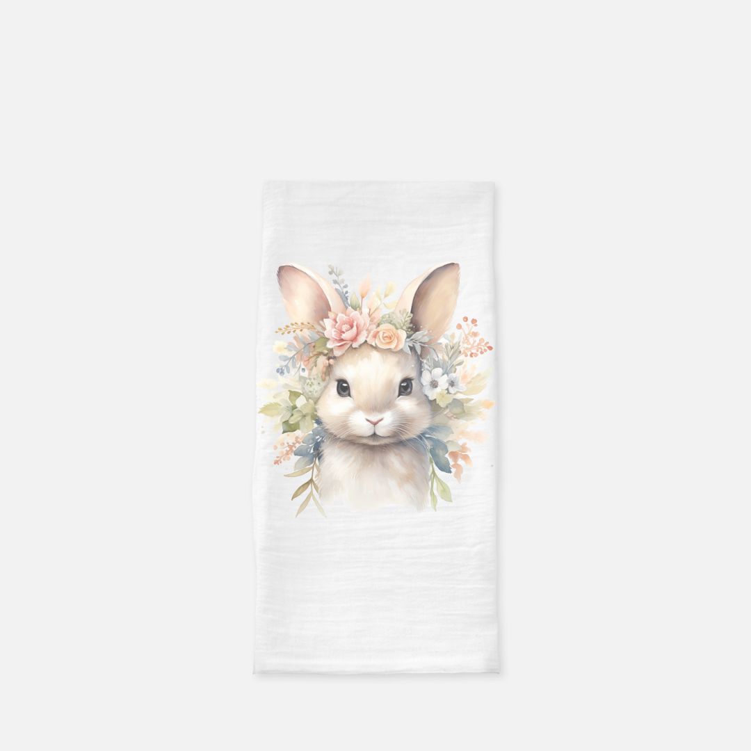 Watercolor Floral Baby Bunny Tea Towel, Dish, Kitchen Towel, Flour Sack Towel, Housewarming Gift, Wedding Gift Towel, Bar Towel