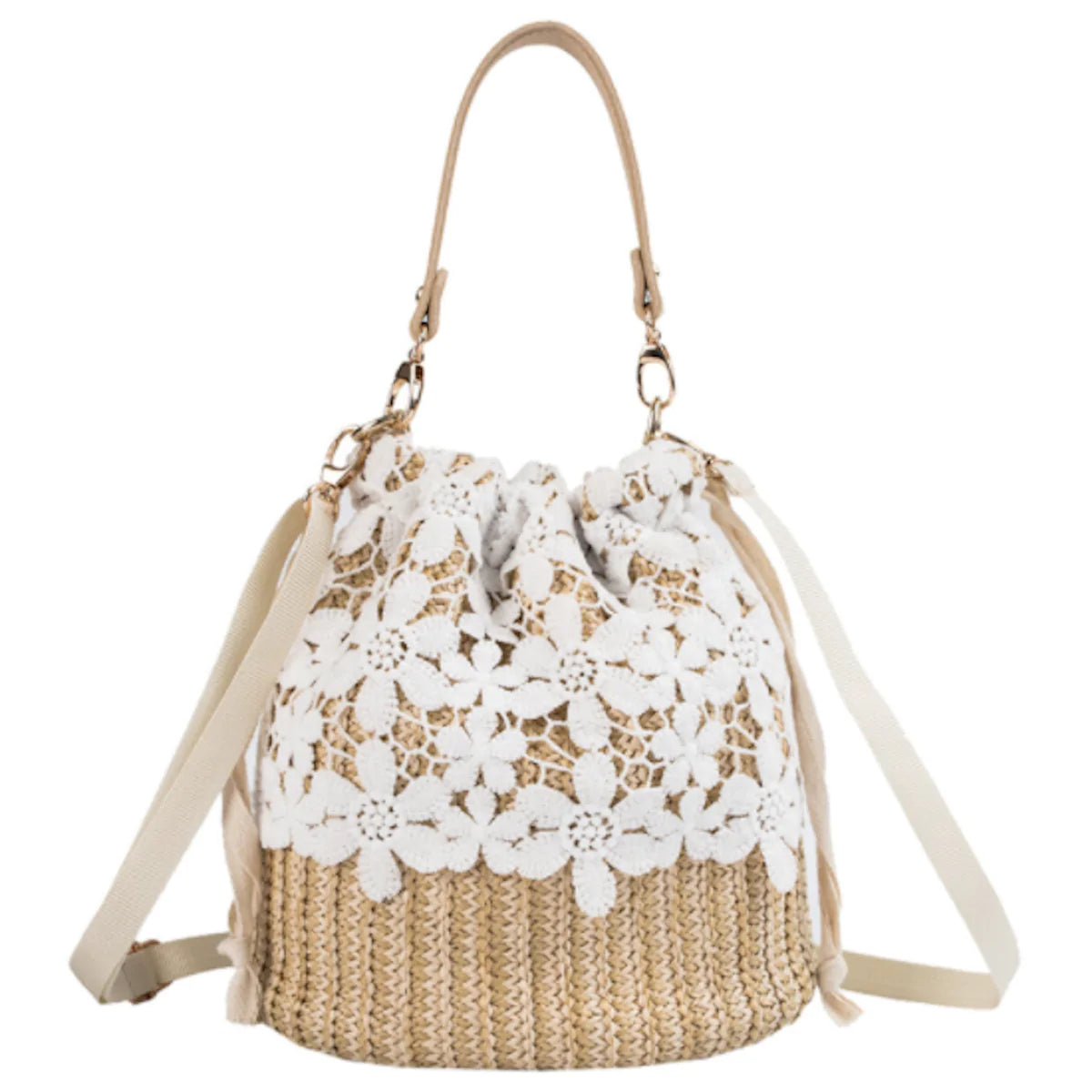 Crossbody Coastal Straw Wicker Bucket Purse with Lace