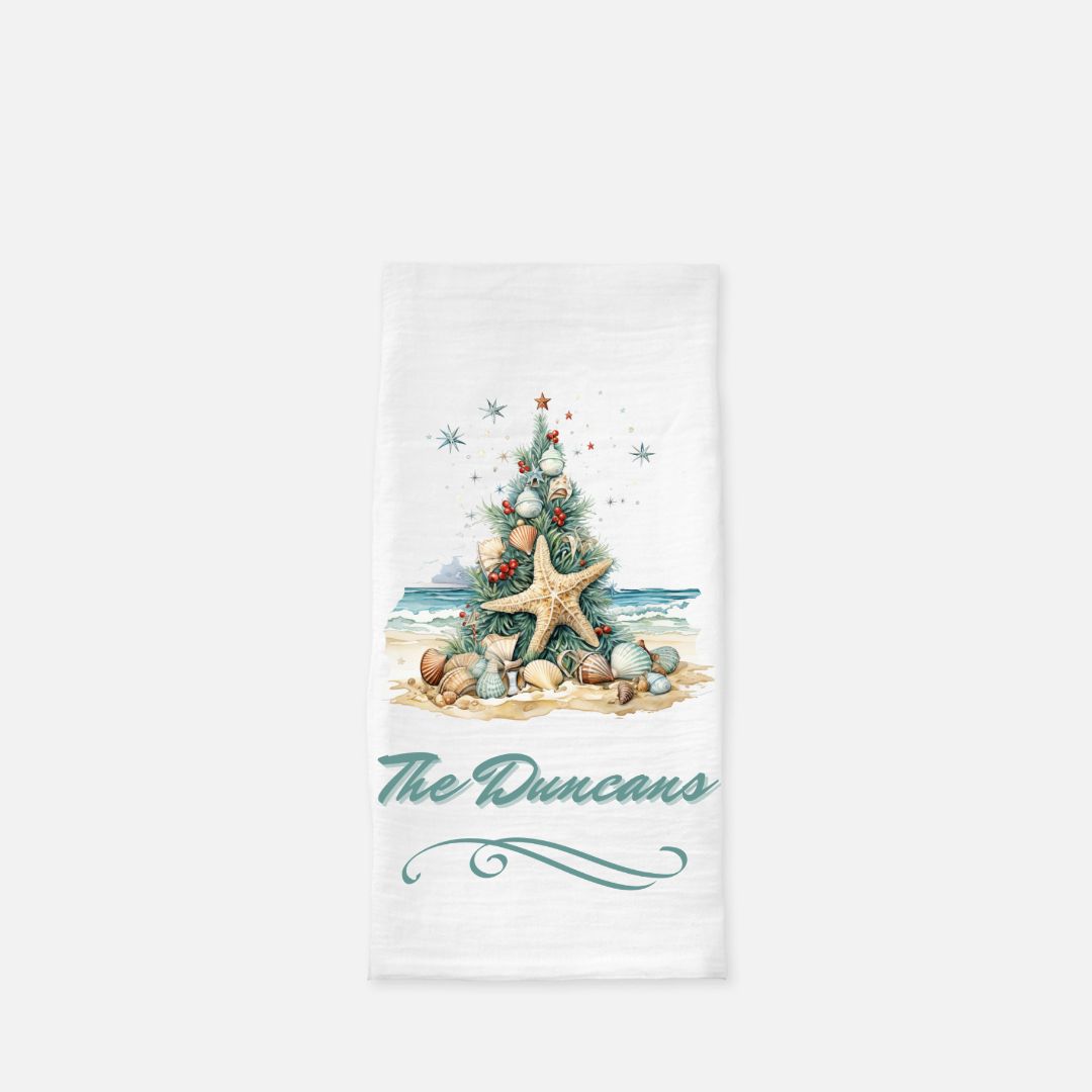 Personalized Watercolor Tree & Shells Tea Towel, Dish, Kitchen Towel, Flour Sack Towel, Gift, Wedding Gift Towel, Bar Towel