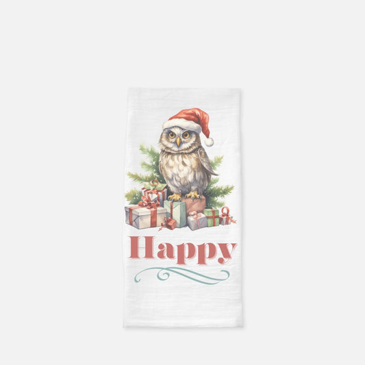 Happy Holiday Owl Tea Towel, Dish, Kitchen Towel, Flour Sack Towel, Housewarming Gift, Wedding Gift Towel, Bar Towel