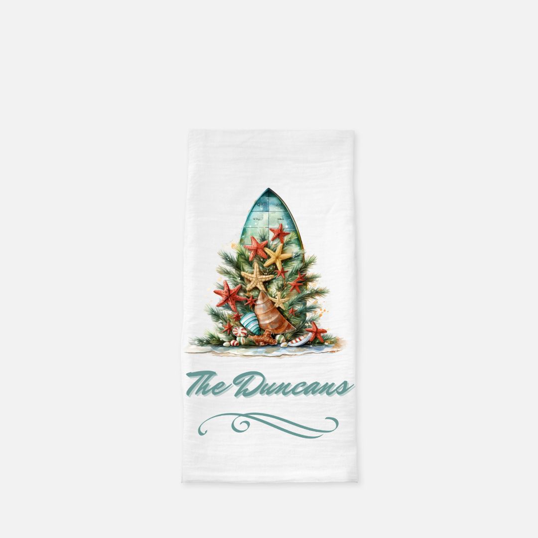 Personalized Decorated Boat on the Beach Tea Towel, Dish, Kitchen Towel, Flour Sack Towel, Gift, Wedding Gift Towel, Bar Towel