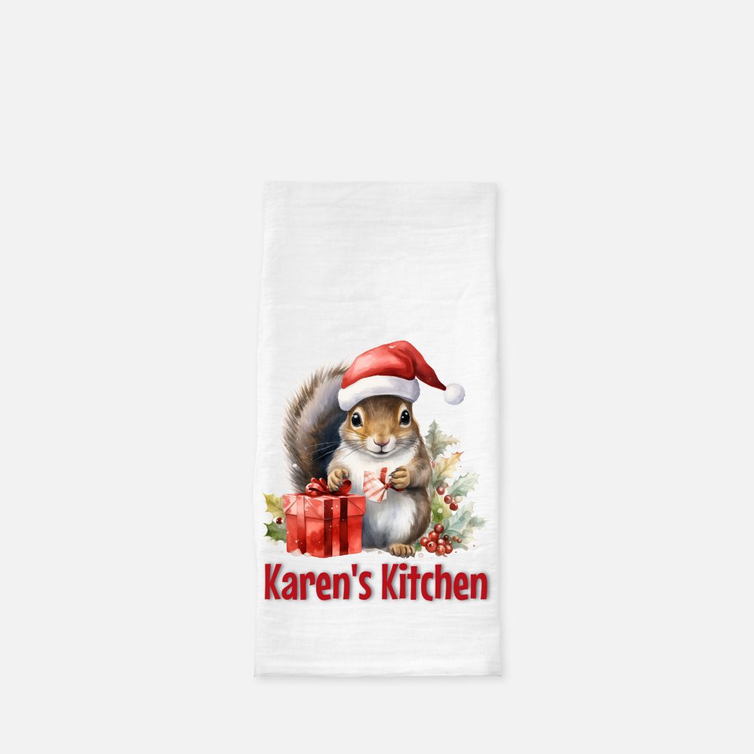 Personalized Santa Squirrel Tea Towel, Dish, Kitchen Towel, Flour Sack Towel, Housewarming Gift, Wedding Gift Towel, Bar Towel