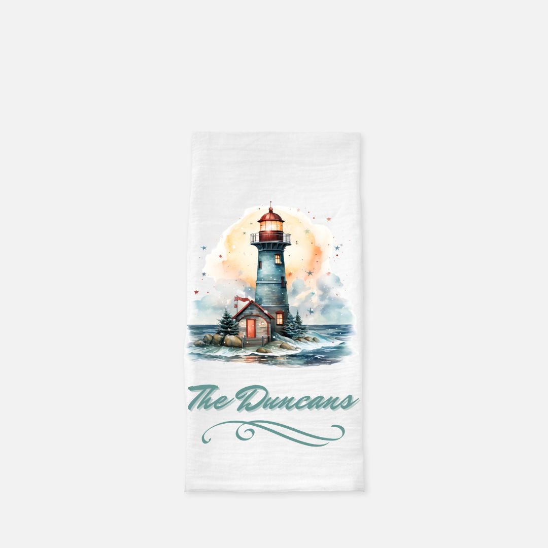 Personalized Watercolor Lighthouse Tea Towel, Dish, Kitchen Towel, Flour Sack Towel, Housewarming Gift, Wedding Gift Towel, Bar Towel