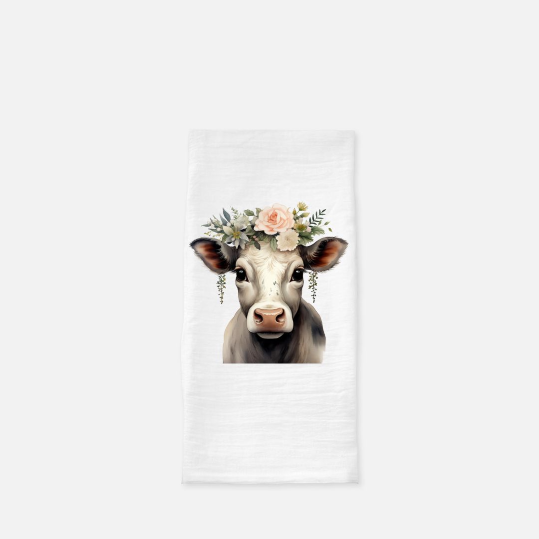 Watercolor Floral Cow Tea Towel, Dish, Kitchen Towel, Flour Sack Towel, Housewarming Gift, Wedding Gift Towel, Bar Towel