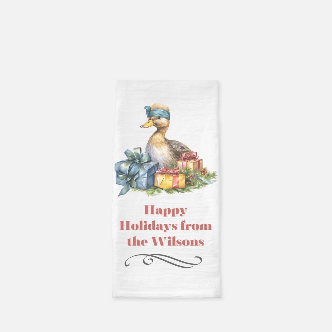 Personalized Happy Holidays Duck Tea Towel, Dish, Kitchen Towel, Flour Sack Towel, Housewarming Gift, Wedding Gift Towel, Bar Towel