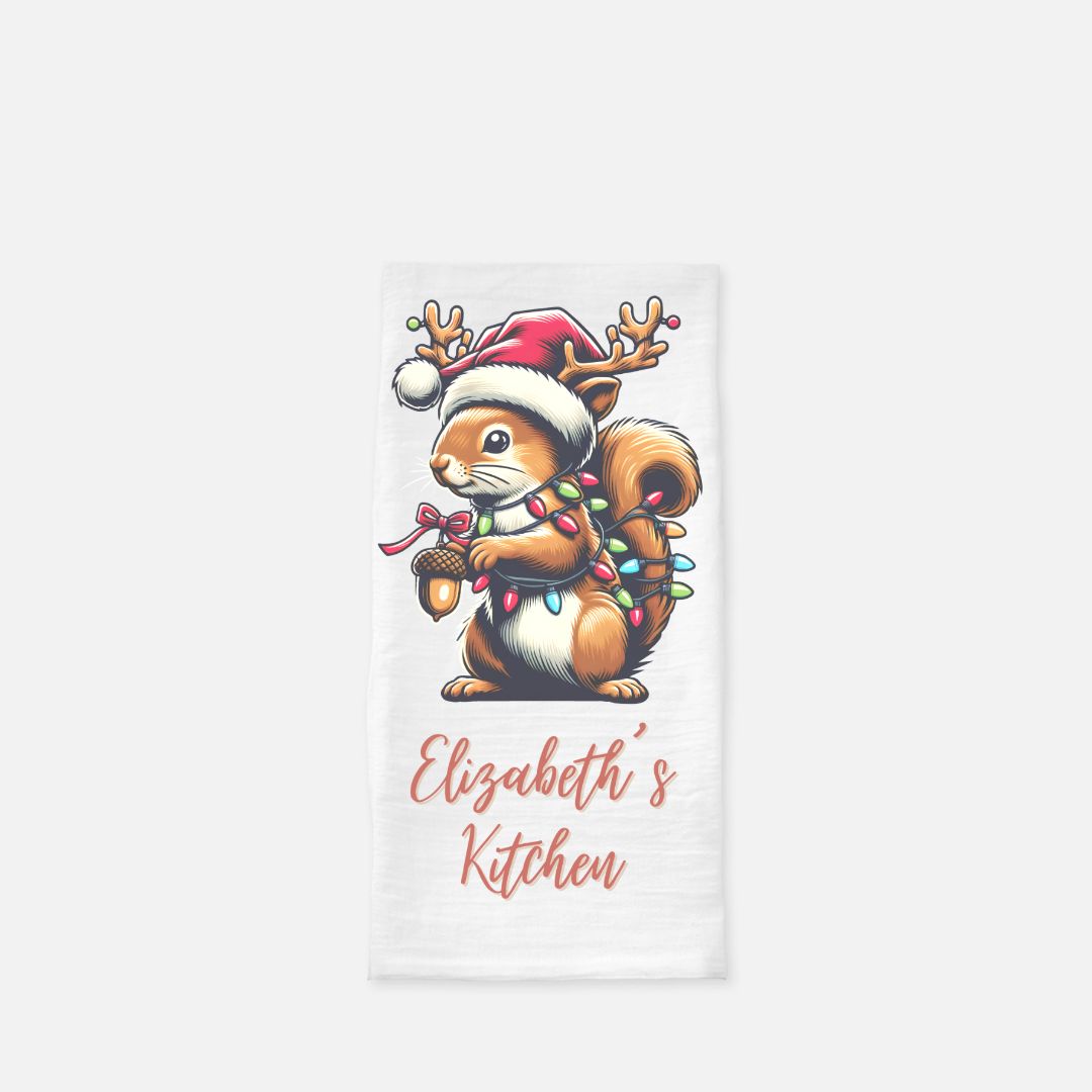 Personalized Tangled Holiday Squirrel Tea Towel, Dish, Kitchen Towel, Flour Sack Towel, Housewarming Gift, Wedding Gift Towel, Bar Towel