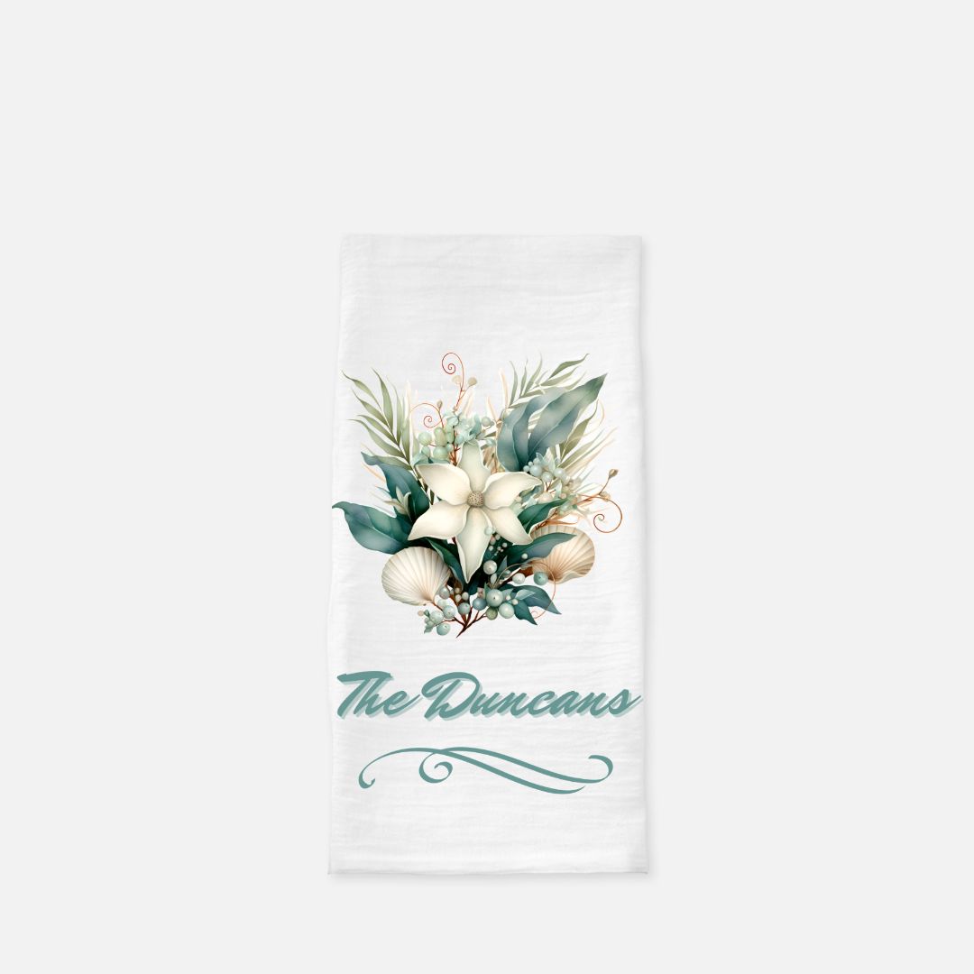 Personalized Seashell Bouquet Tea Towel, Dish, Kitchen Towel, Flour Sack Towel, Gift, Wedding Gift Towel, Bar Towel