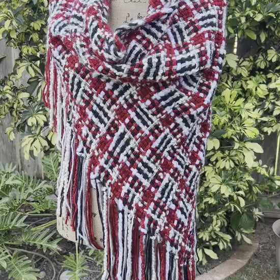 Hand Woven Fringed Shawl. Triangle shawl hippie wrap, red black oversized scarf shawl, warm evening wrap, Stevie Nicks shawl, witch shawl