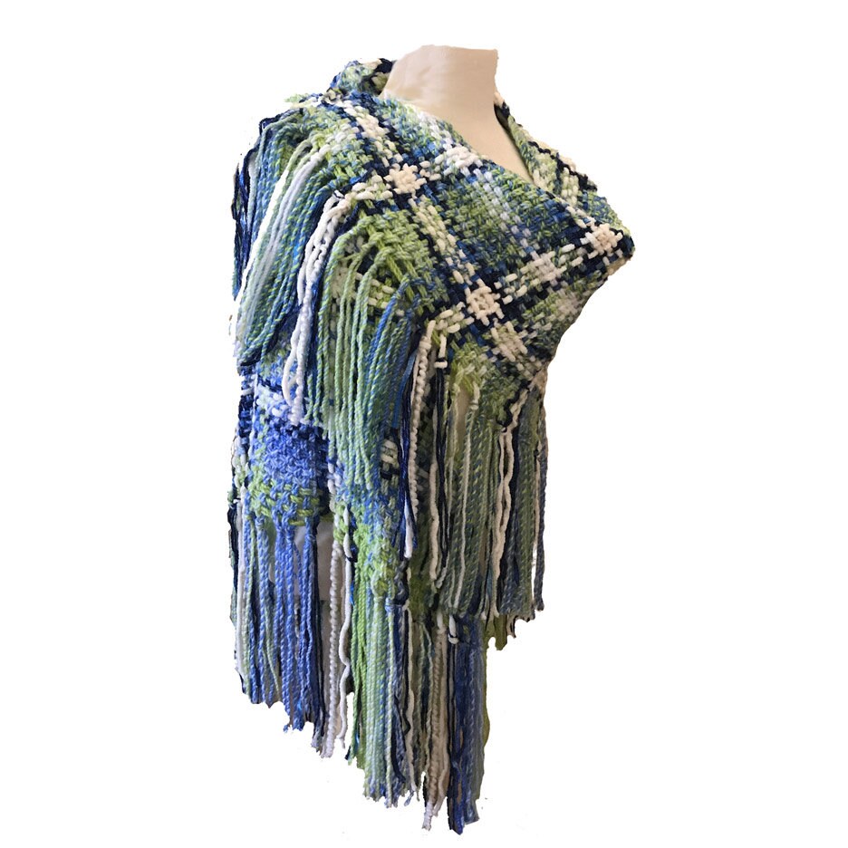 Hand Woven Fringed Shawl. Triangle shawl hippie wrap, blue green oversized scarf shawl, warm evening wrap, Stevie Nicks shawl