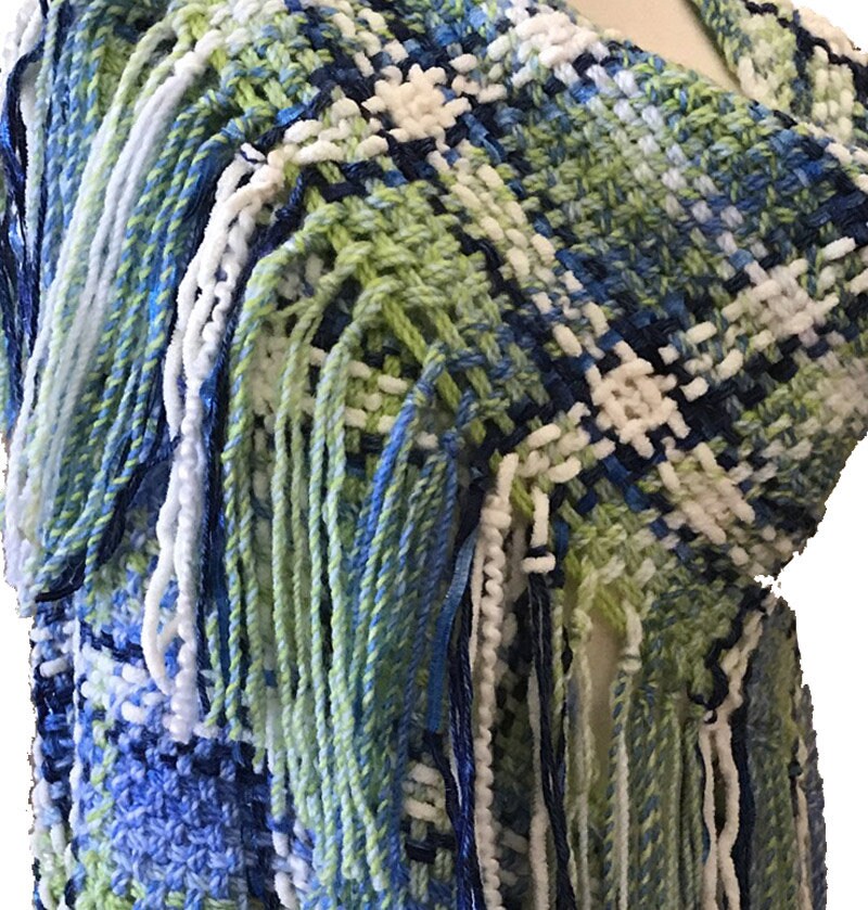 Hand Woven Fringed Shawl. Triangle shawl hippie wrap, blue green oversized scarf shawl, warm evening wrap, Stevie Nicks shawl