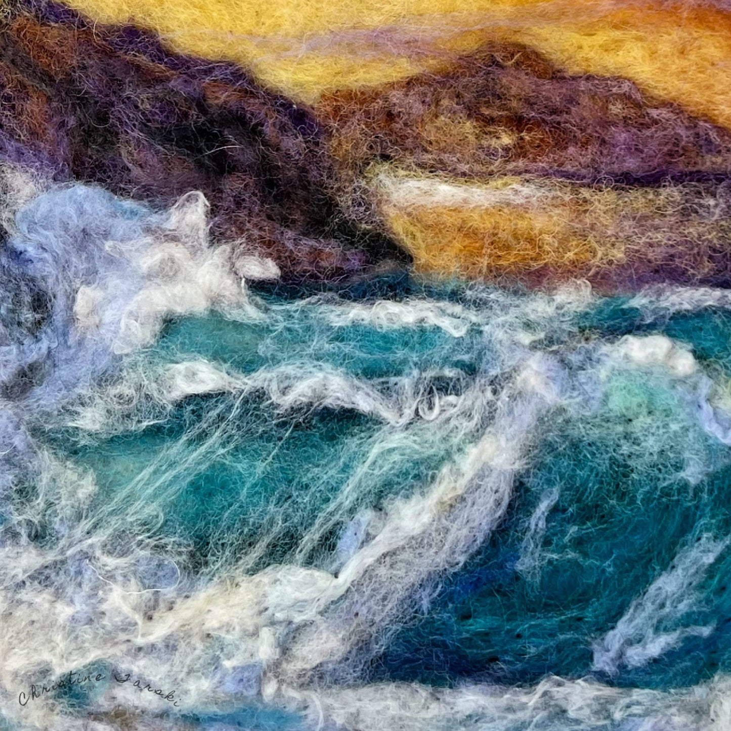 Ocean Felted Wool Picture, Sunset Waves Felt Picture, Hawaii Fiber art. Beach decor abstract landscape oceanscape. Hawaii wall art