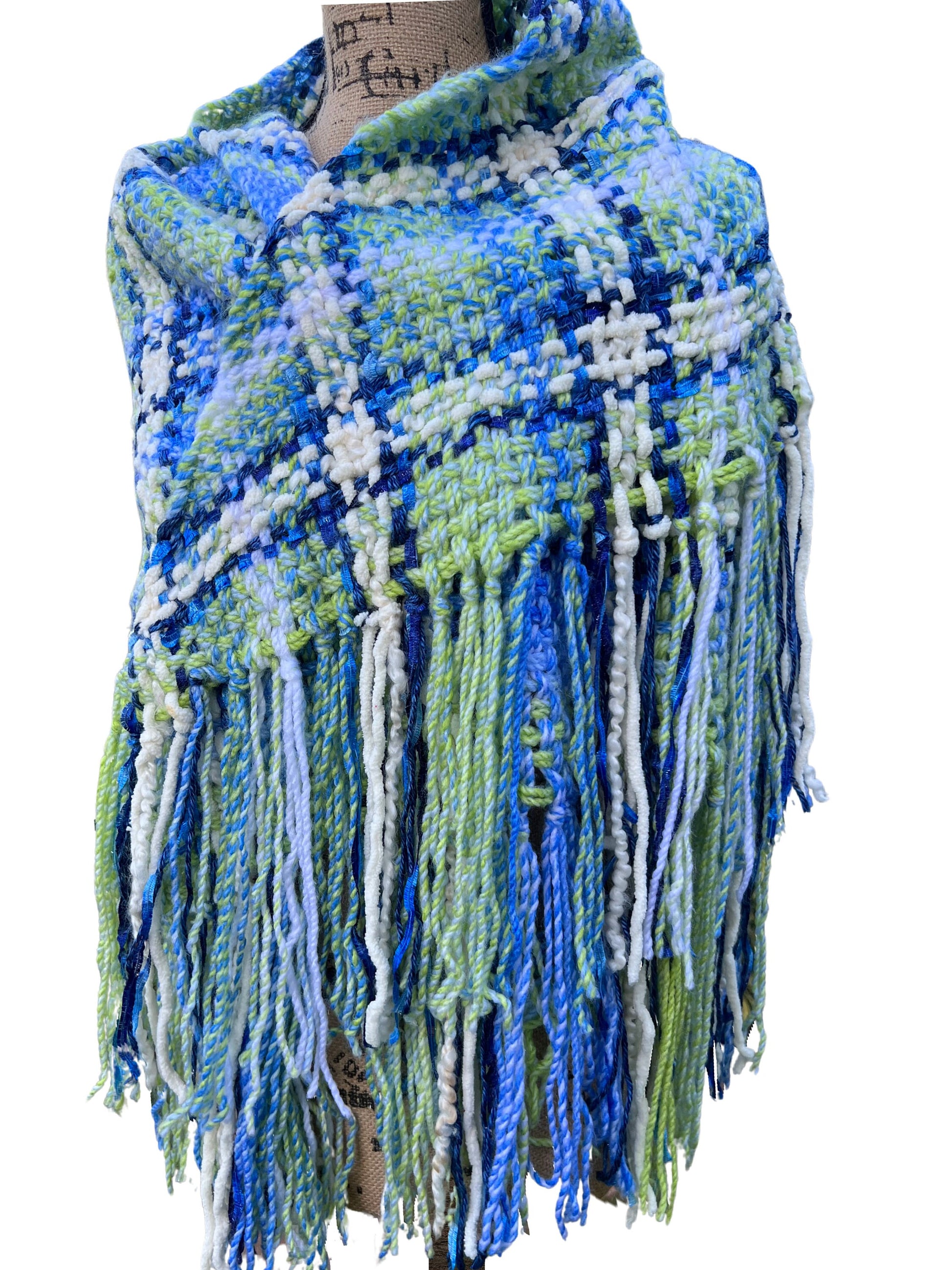 Hand Woven Fringed Shawl. Triangle shawl hippie wrap, blue green oversized scarf shawl, warm evening wrap, Stevie Nicks shawl