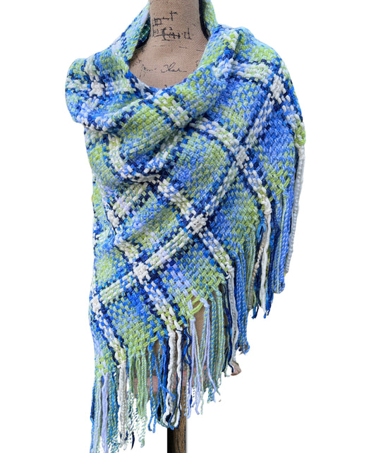 Hand Woven Fringed Shawl. Triangle shawl hippie wrap, blue green oversized scarf shawl, warm evening wrap, Stevie Nicks shawl